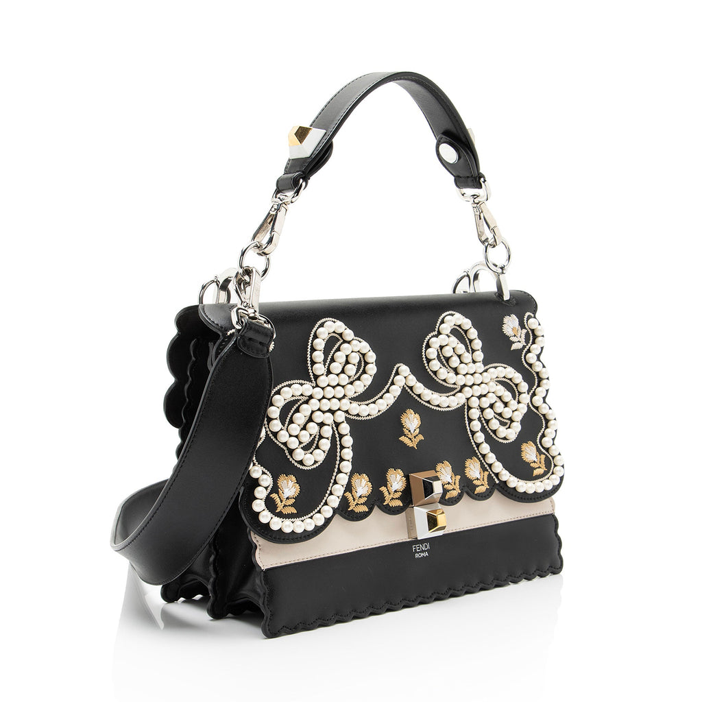 Fendi Leather Embroidered Flowers and Bows Kan I Medium Shoulder Bag