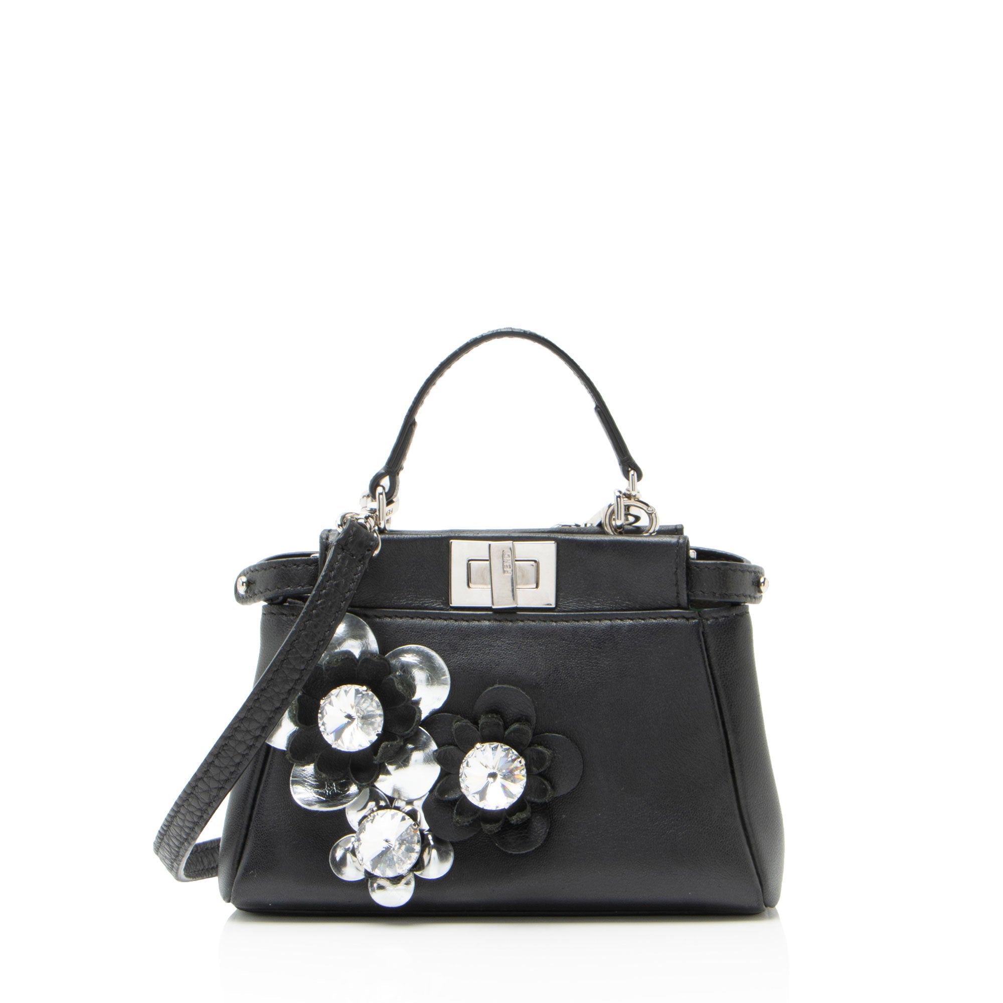 Fendi Leather Floral Embellished Peekaboo Micro Shoulder Bag