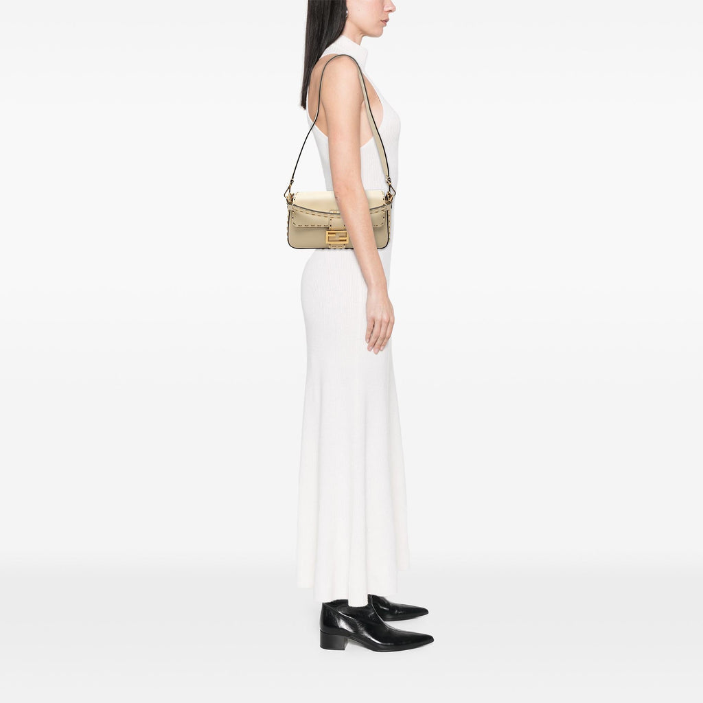 Fendi Leather Metal Stitch Baguette Satchel