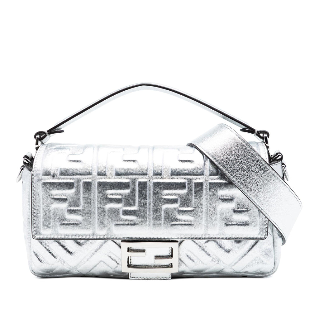Fendi Medium Metallic Leather Embossed FF Baguette Satchel