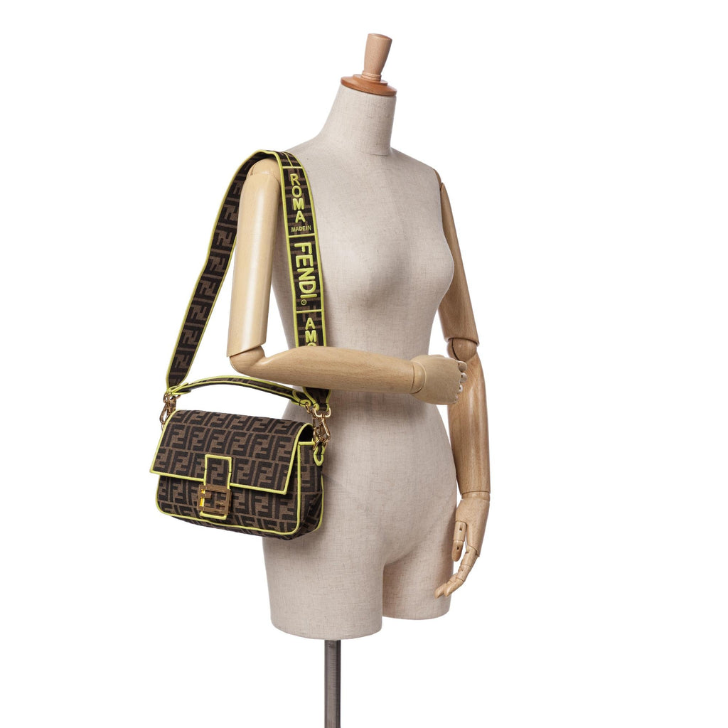 Fendi Medium Zucca Canvas Fluo Trim Baguette Satchel