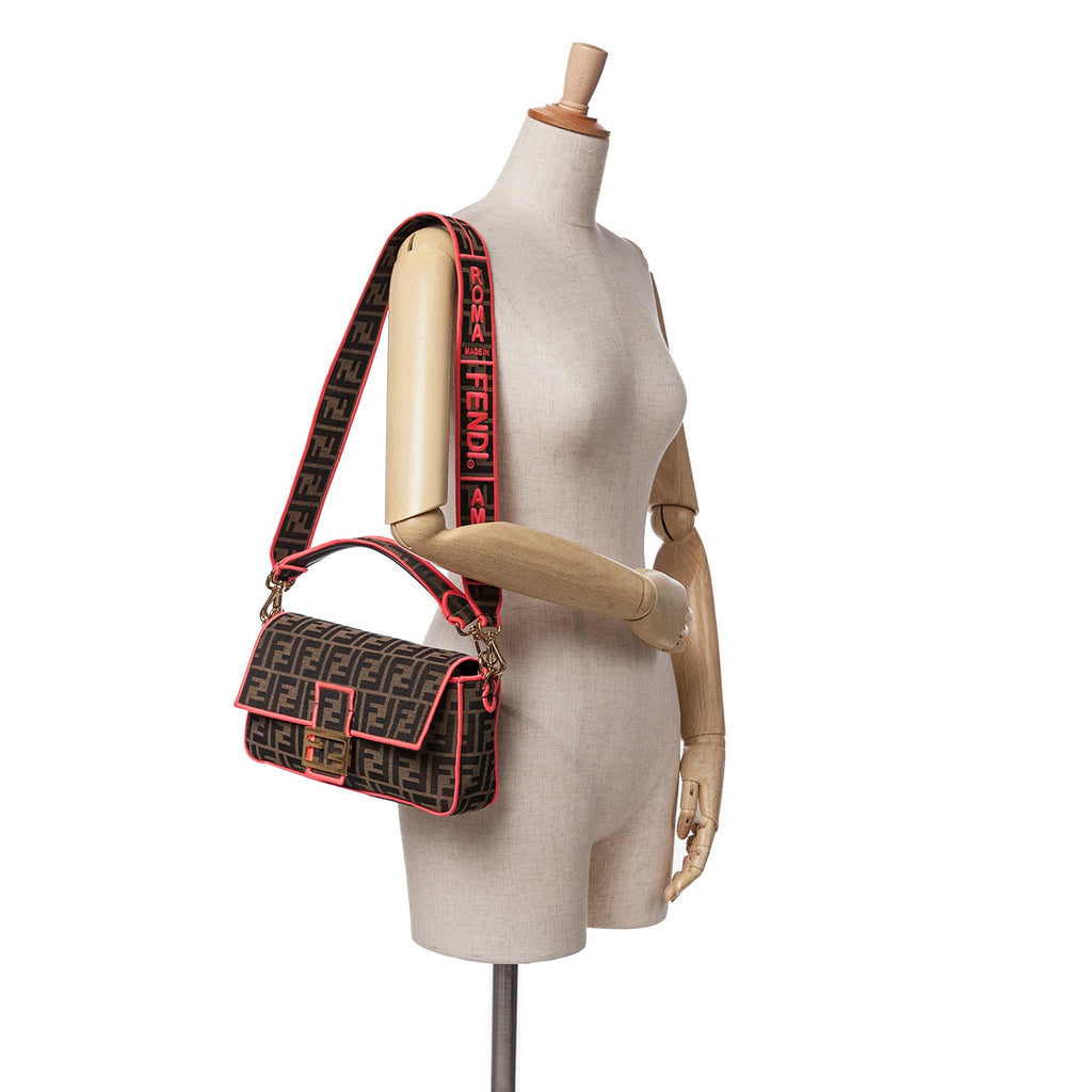 Fendi Medium Zucca Canvas Fluo Trim Baguette Satchel