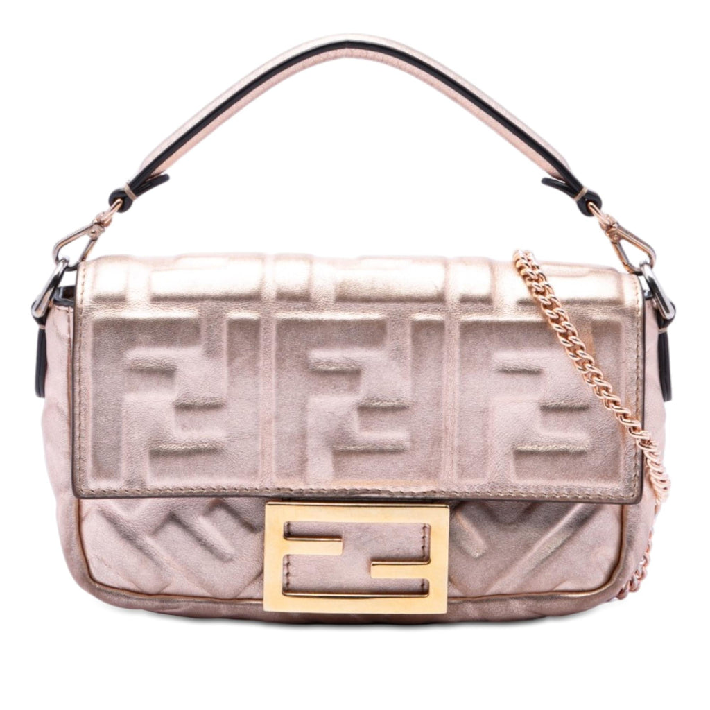 Fendi Mini Zucca Embossed Metallic Leather Baguette Satchel
