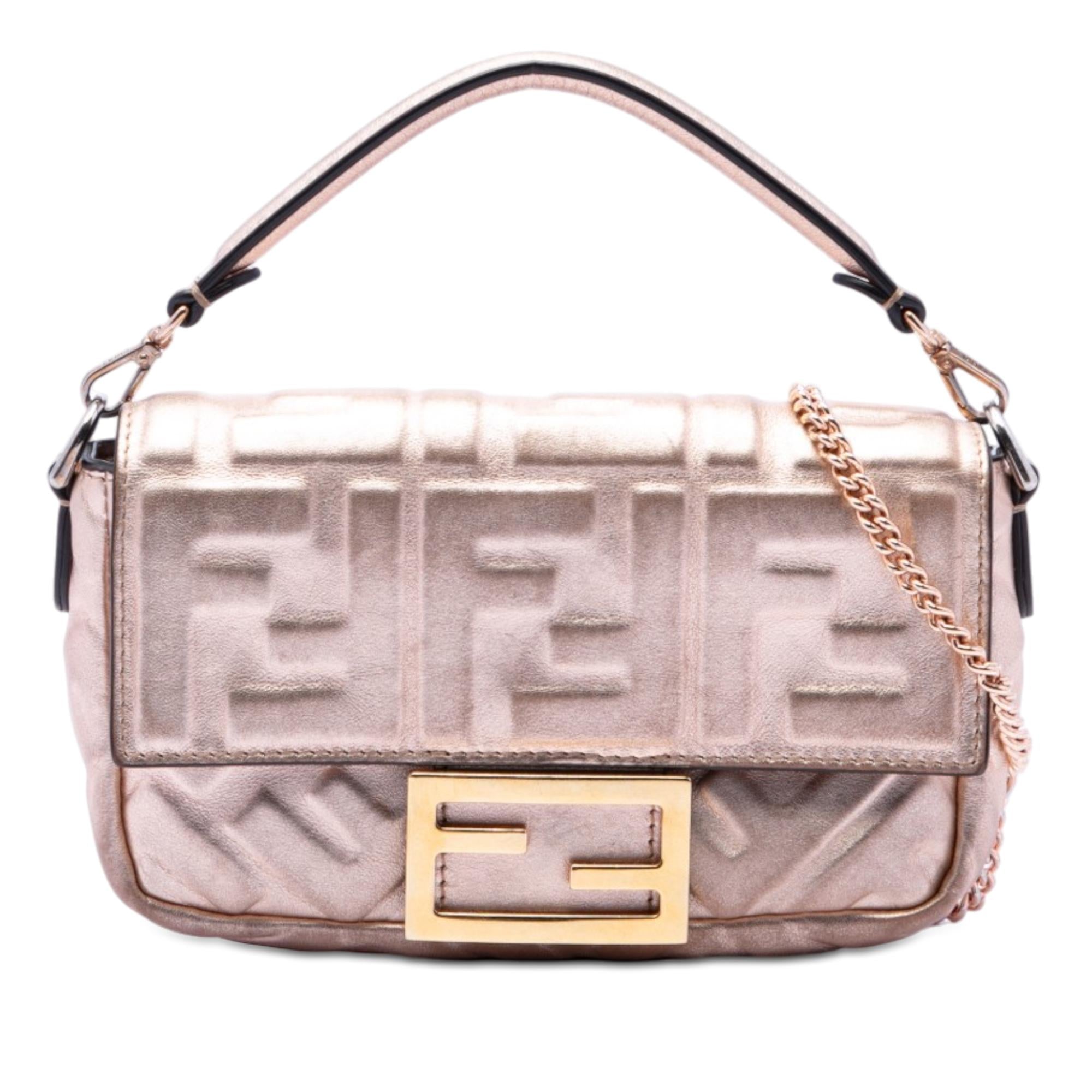 Fendi Mini Zucca Embossed Metallic Leather Baguette Satchel