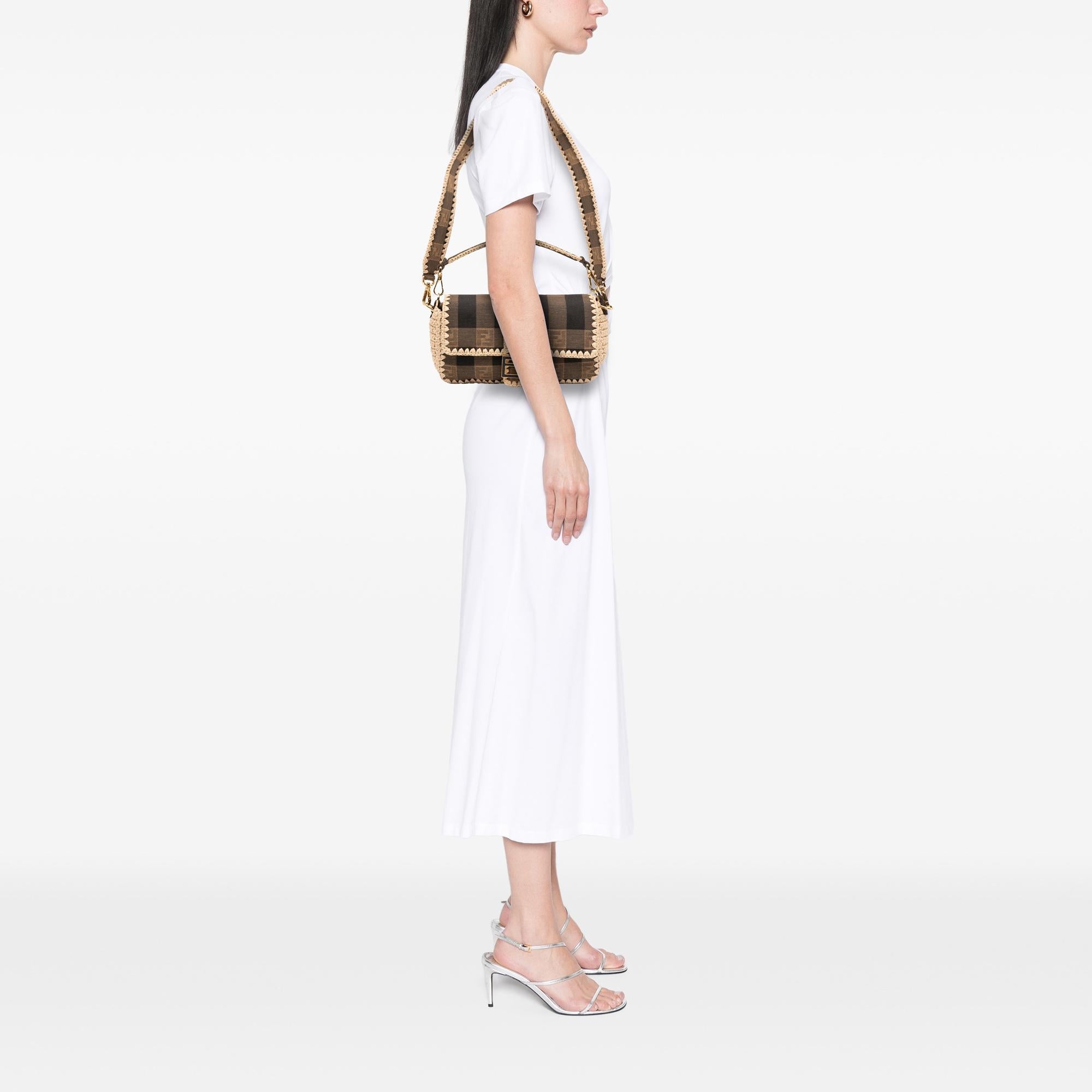 Fendi Pequin Gingham Canvas And Raffia Baguette Satchel