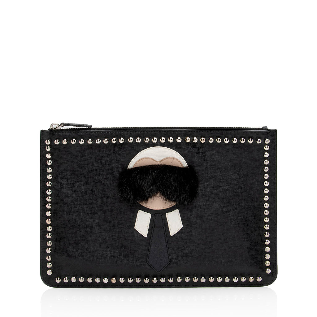 Fendi Studded Leather Mink Karlito Zip Pouch
