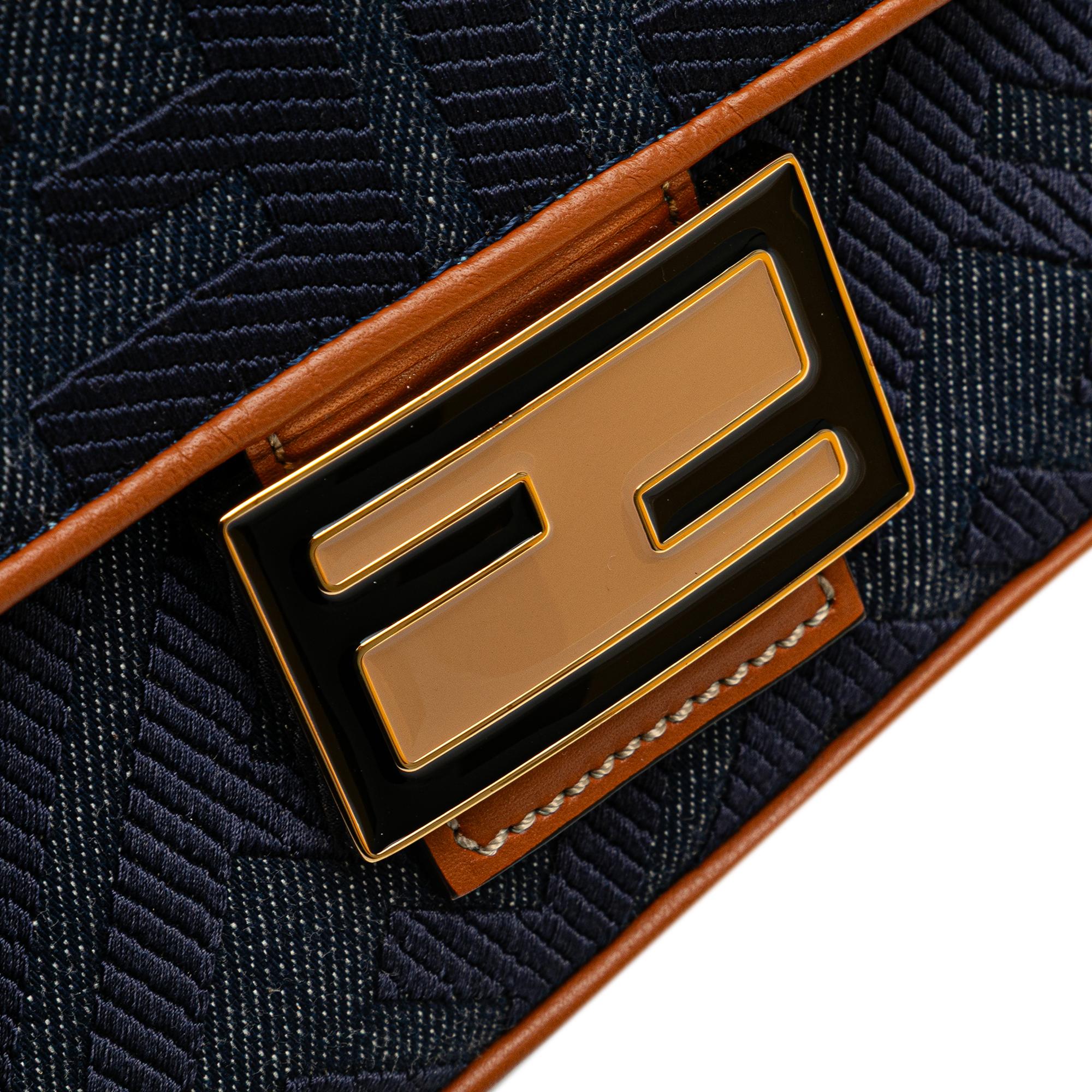 Fendi Zucca Embroidered Denim Baguette Satchel