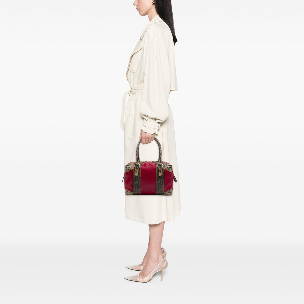 Fendi Zucca Trimmed Coated Canvas Mixed Media Boston Bag