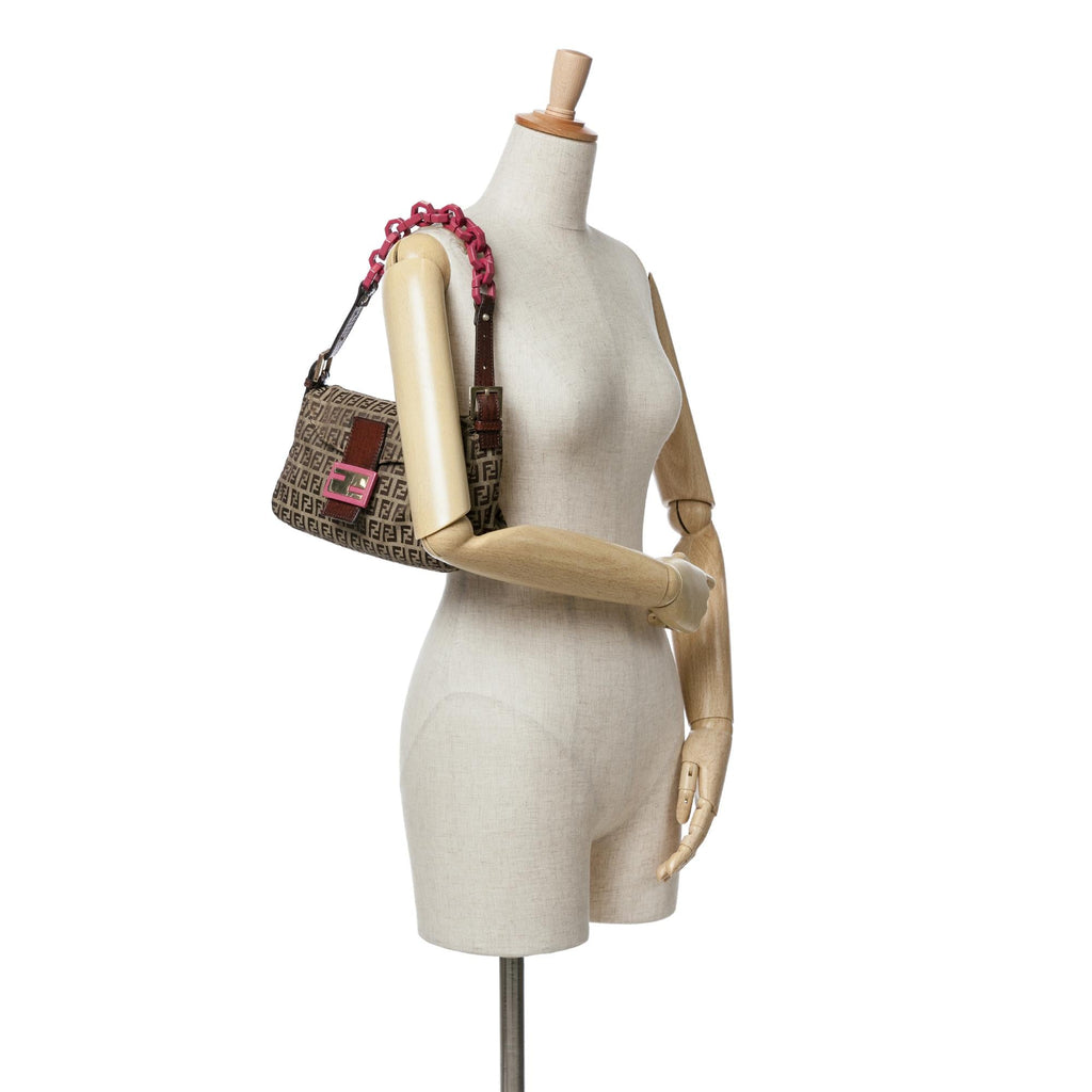 Fendi Zucchino Canvas Double Flap Chain Shoulder Bag