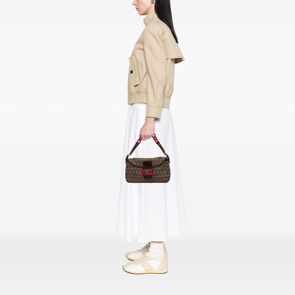 Fendi Zucchino Canvas Double Flap Chain Shoulder Bag