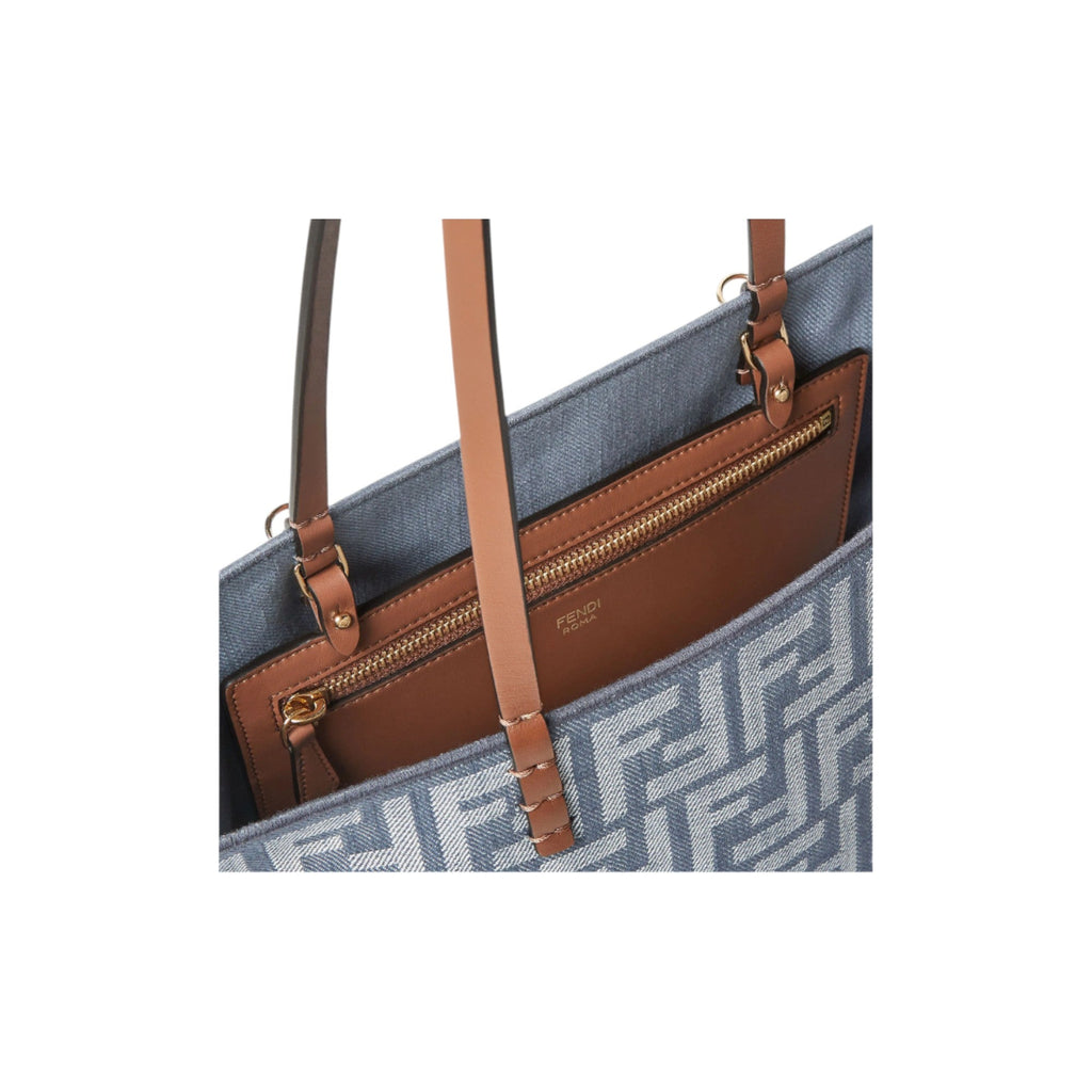Small Roll Blue Denim-Effect Ff Jacquard Reversible Shopper