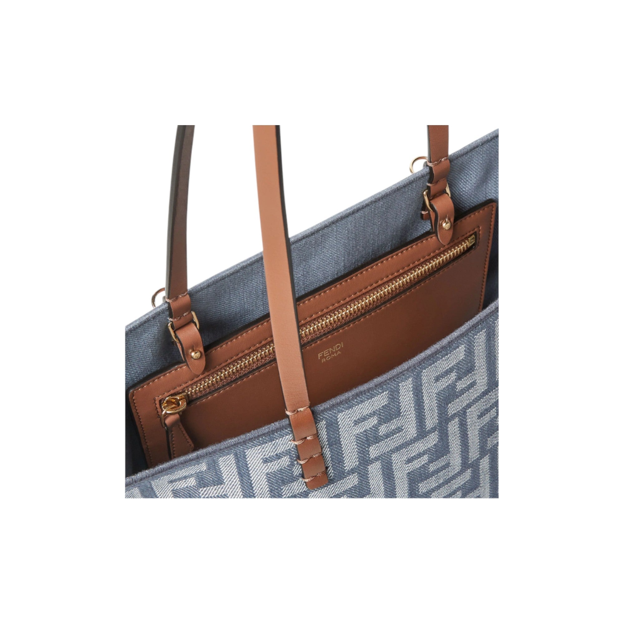 Small Roll Blue Denim-Effect Ff Jacquard Reversible Shopper