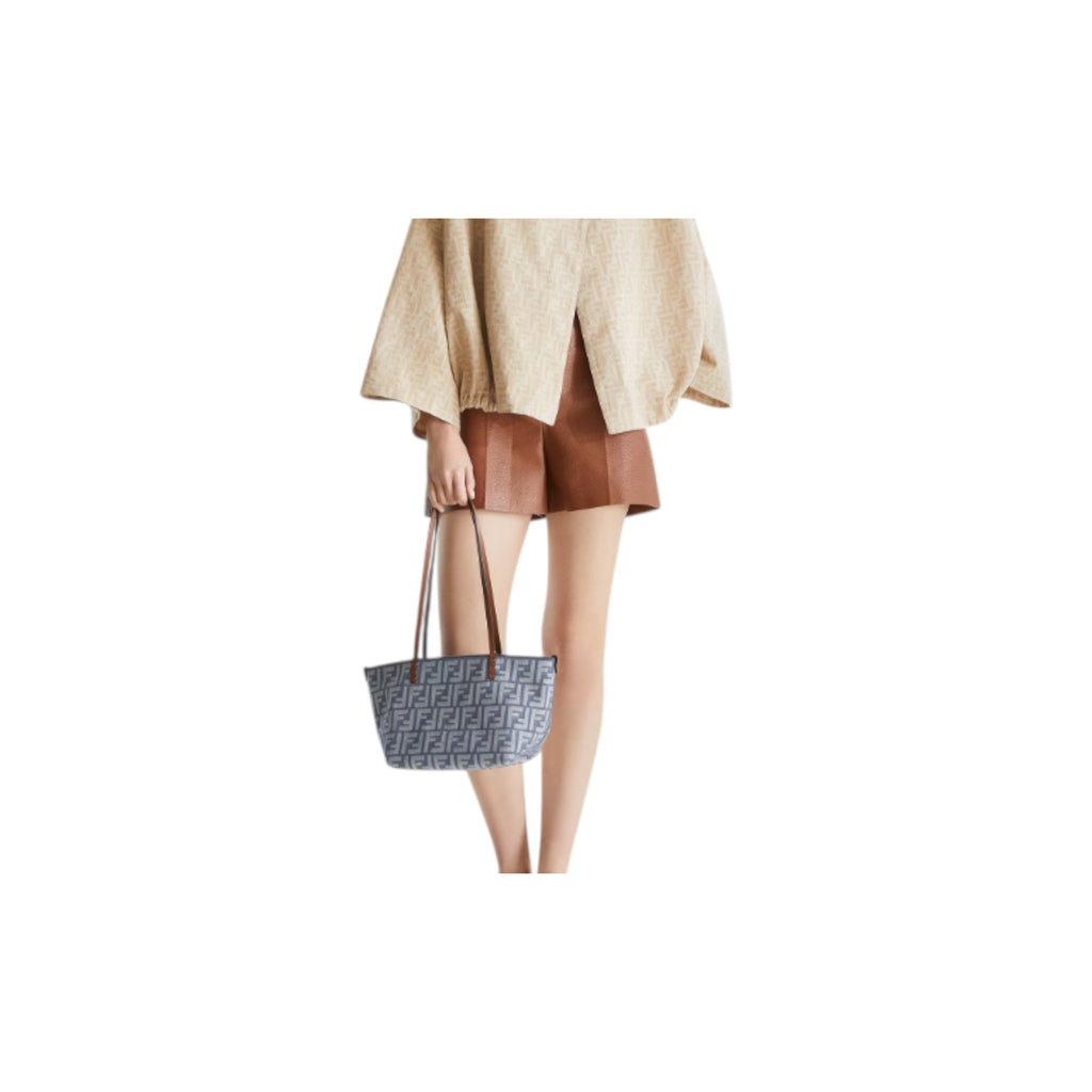 Small Roll Blue Denim-Effect Ff Jacquard Reversible Shopper