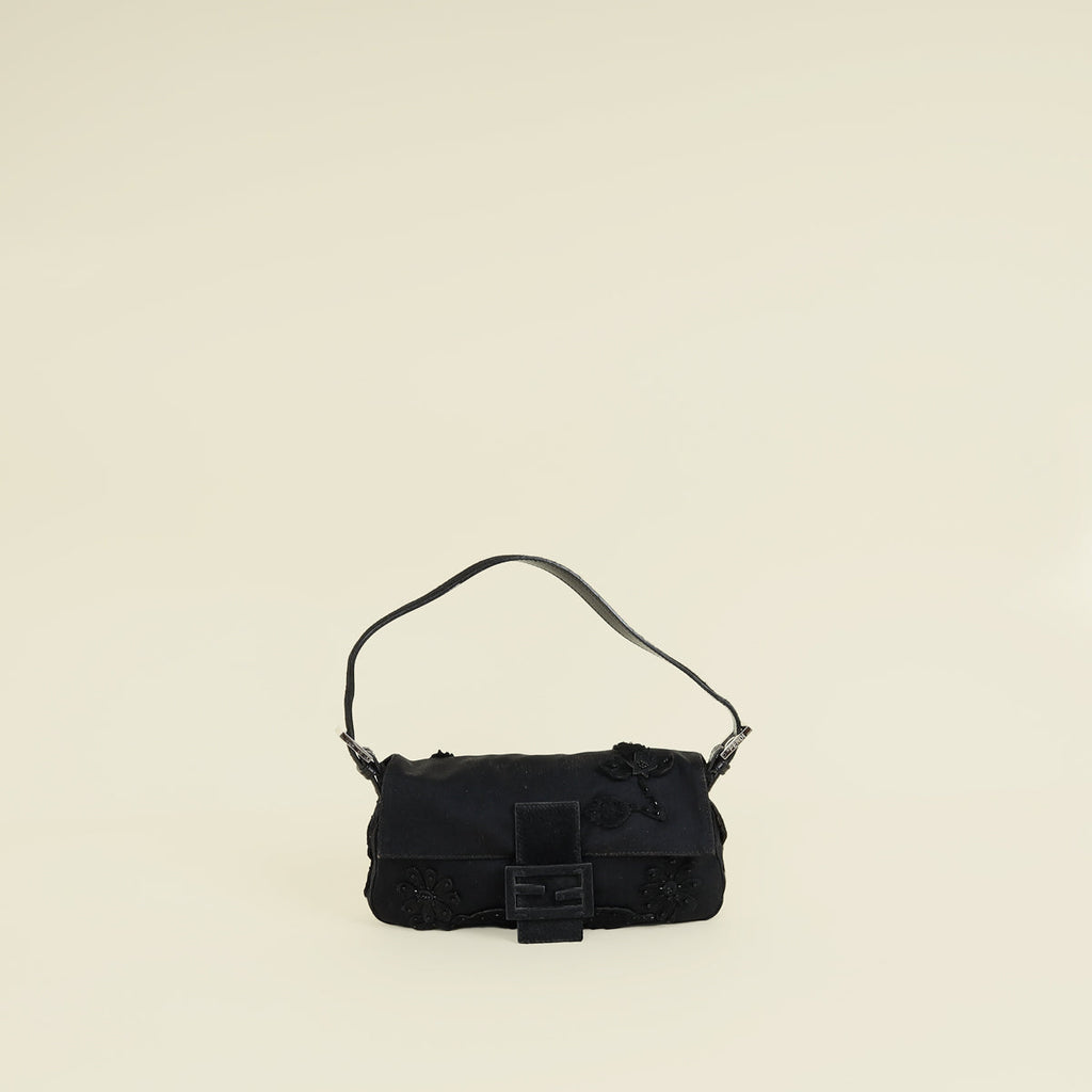 Fendi Black Pony Hair Flower Applique Baguette Bag