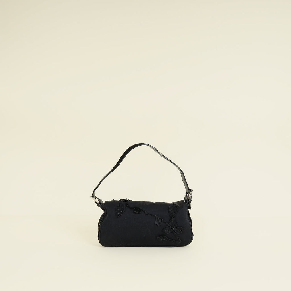 Fendi Black Pony Hair Flower Applique Baguette Bag