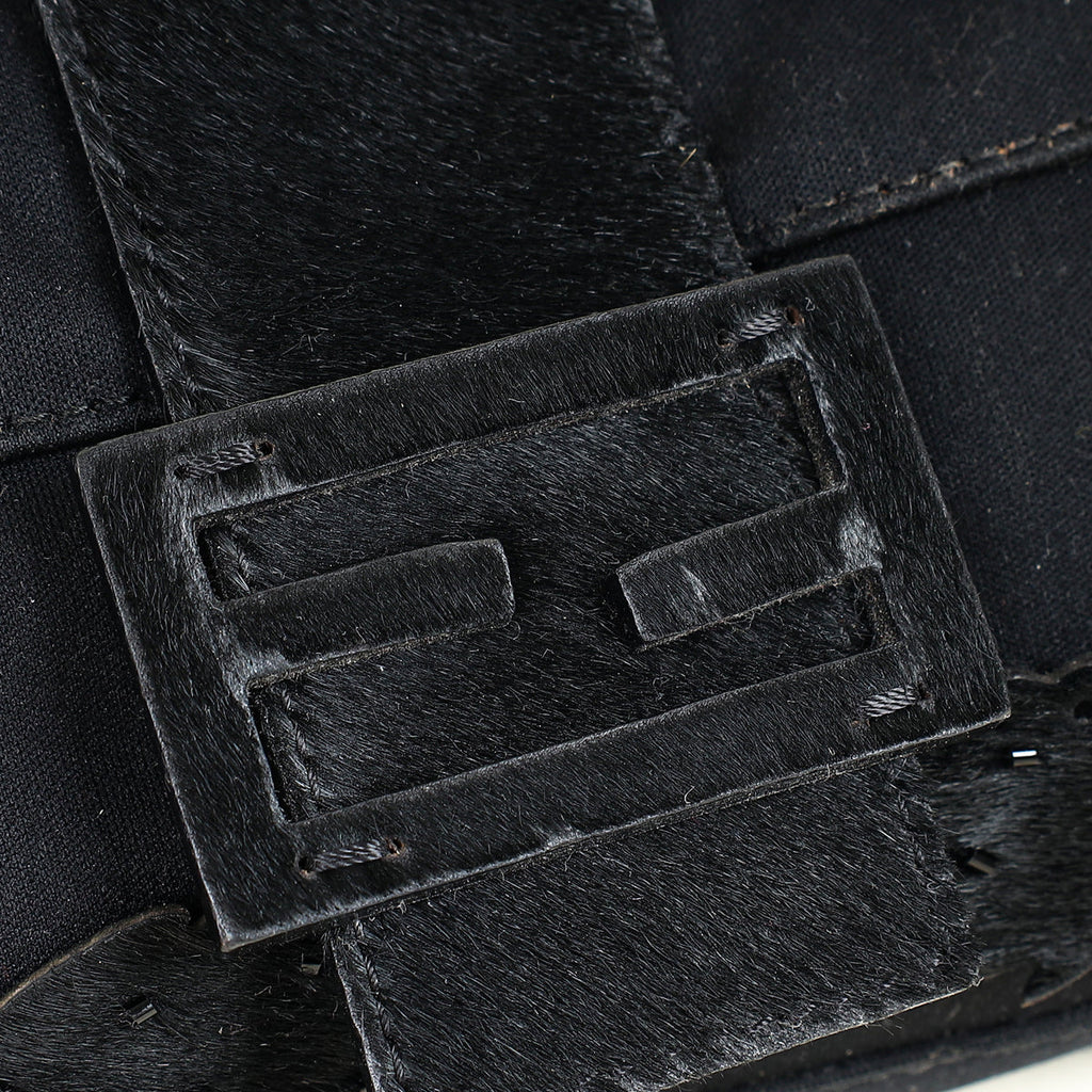 Fendi Black Pony Hair Flower Applique Baguette Bag