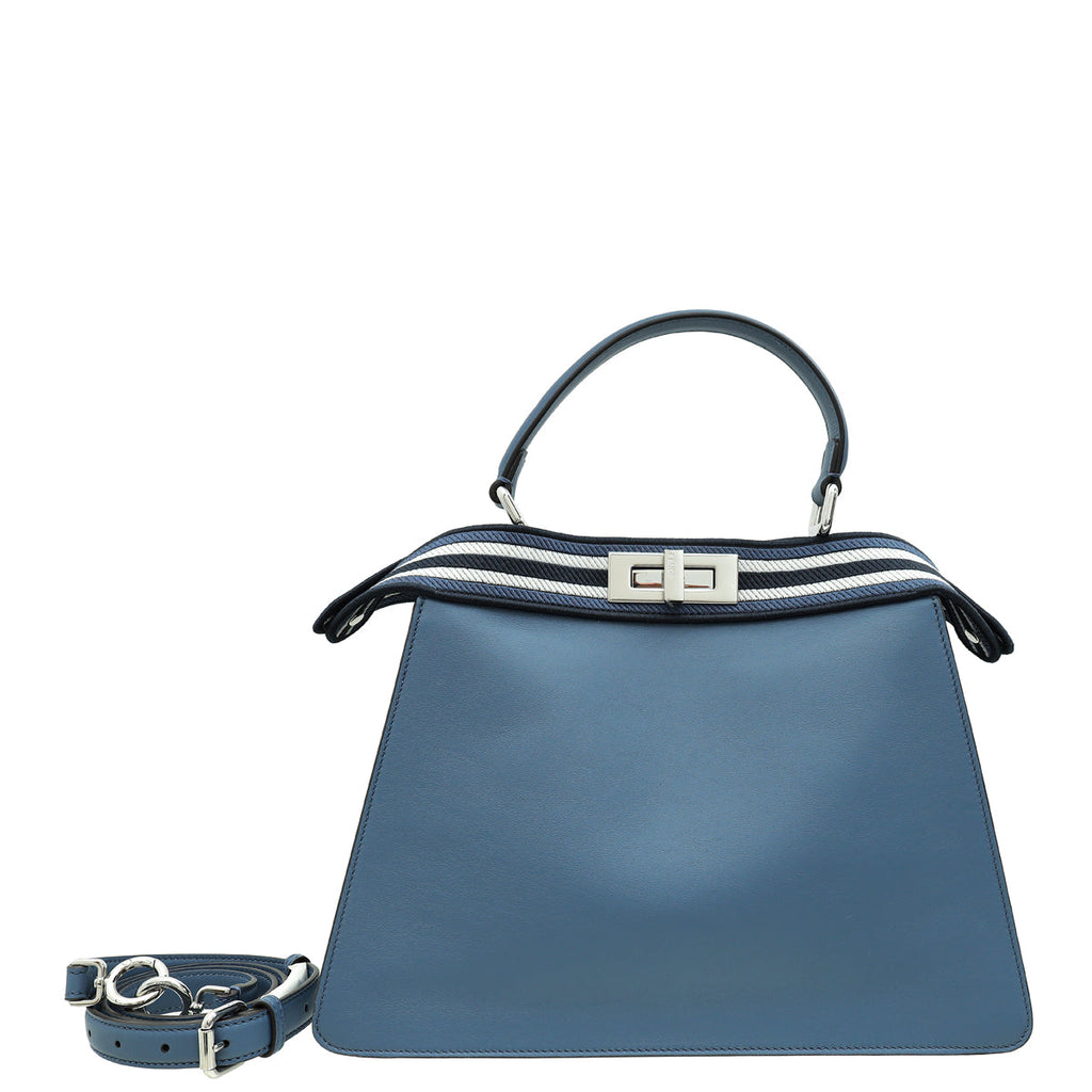 Fendi Grayish Blue Peekaboo ISeeU Medium Bag W/ Stripe Canvas Detail