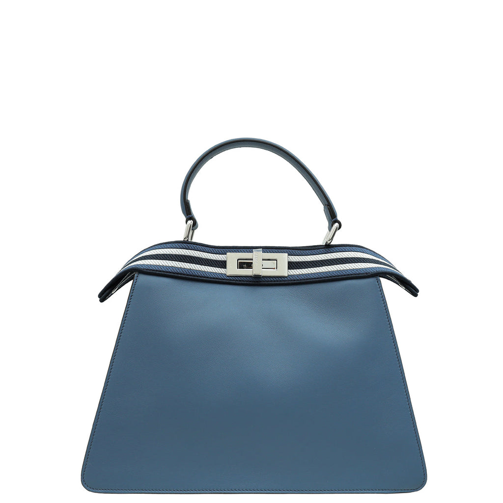 Fendi Grayish Blue Peekaboo ISeeU Medium Bag W/ Stripe Canvas Detail
