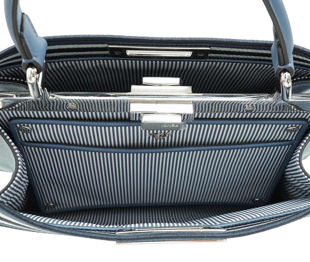 Fendi Grayish Blue Peekaboo ISeeU Medium Bag W/ Stripe Canvas Detail