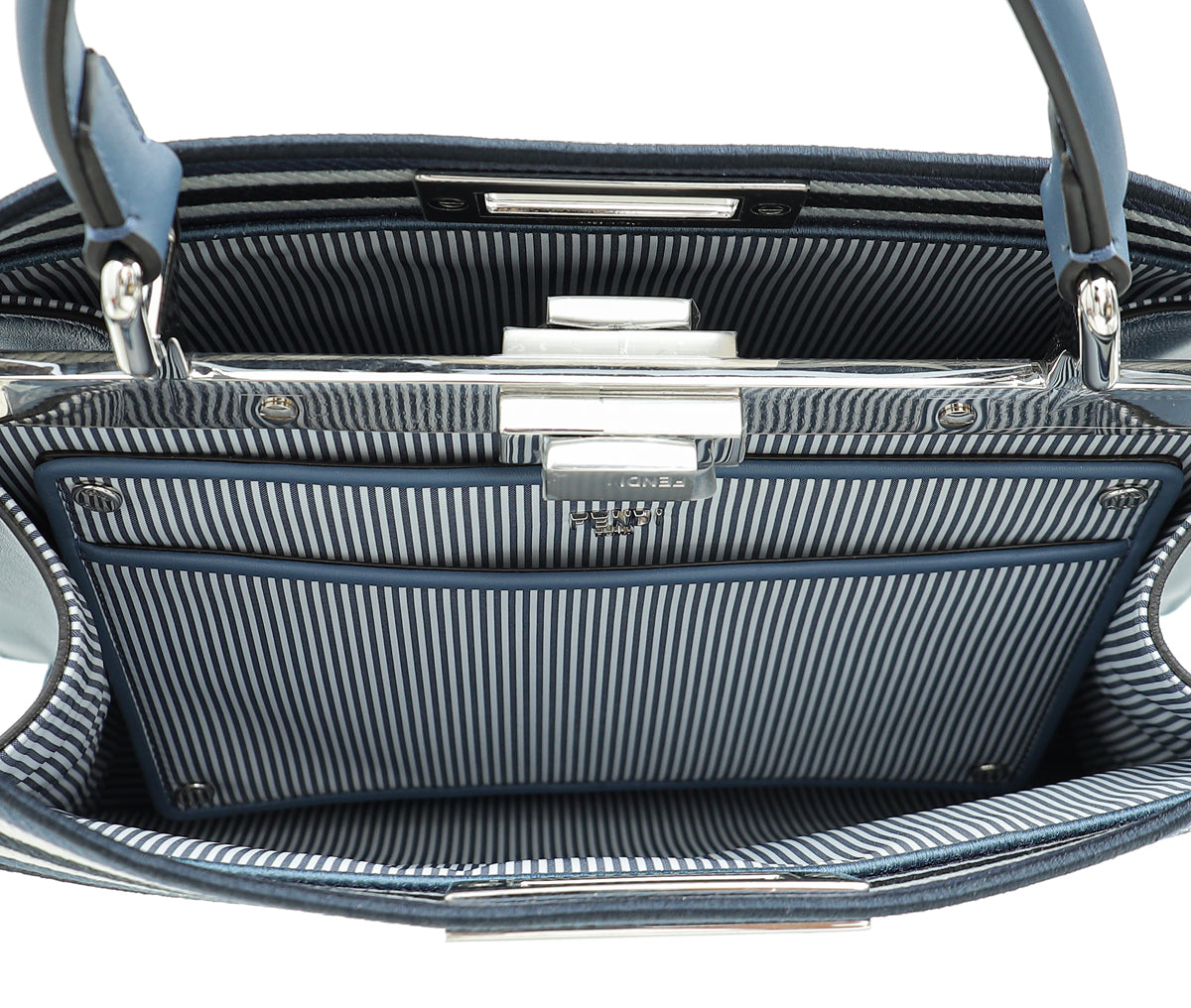 Fendi Grayish Blue Peekaboo ISeeU Medium Bag W/ Stripe Canvas Detail