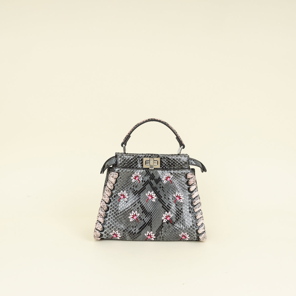Fendi Dark Grey Peekaboo Mini Whip Python Flower Embroidered Bag