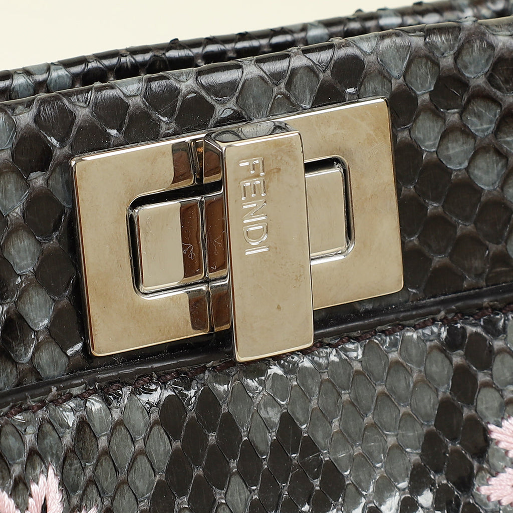 Fendi Dark Grey Peekaboo Mini Whip Python Flower Embroidered Bag