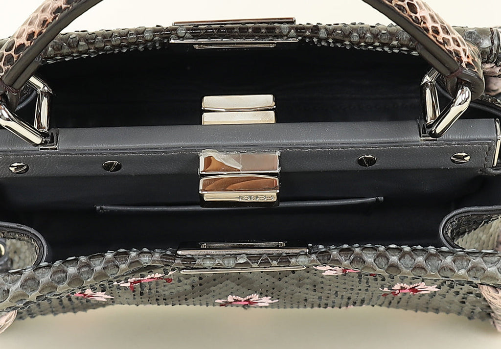 Fendi Dark Grey Peekaboo Mini Whip Python Flower Embroidered Bag