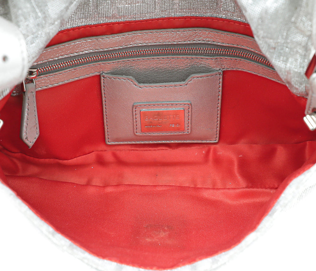 Fendi Silver Metallic Zucca Crystal Baguette Small Bag