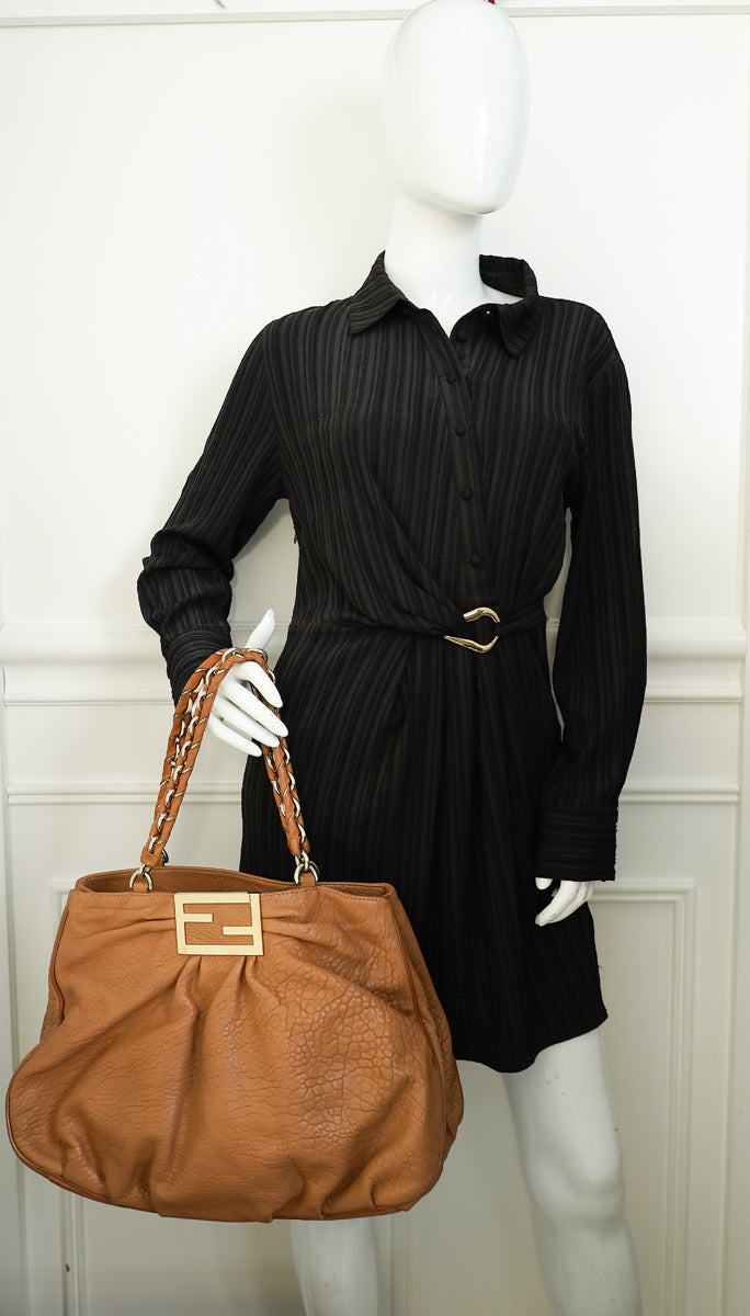 Fendi Camel Mia Leather Chain Tote Bag Large