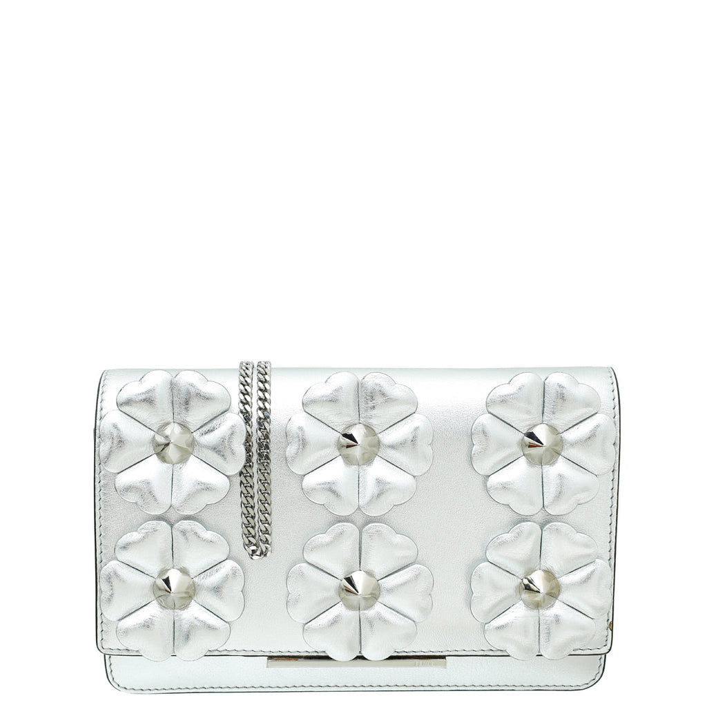 Fendi Metallic Silver Mirror Flowerland Studded Tube Wallet on Chain