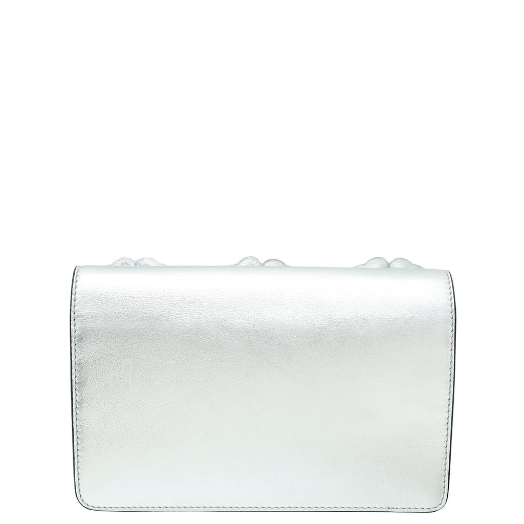 Fendi Metallic Silver Mirror Flowerland Studded Tube Wallet on Chain