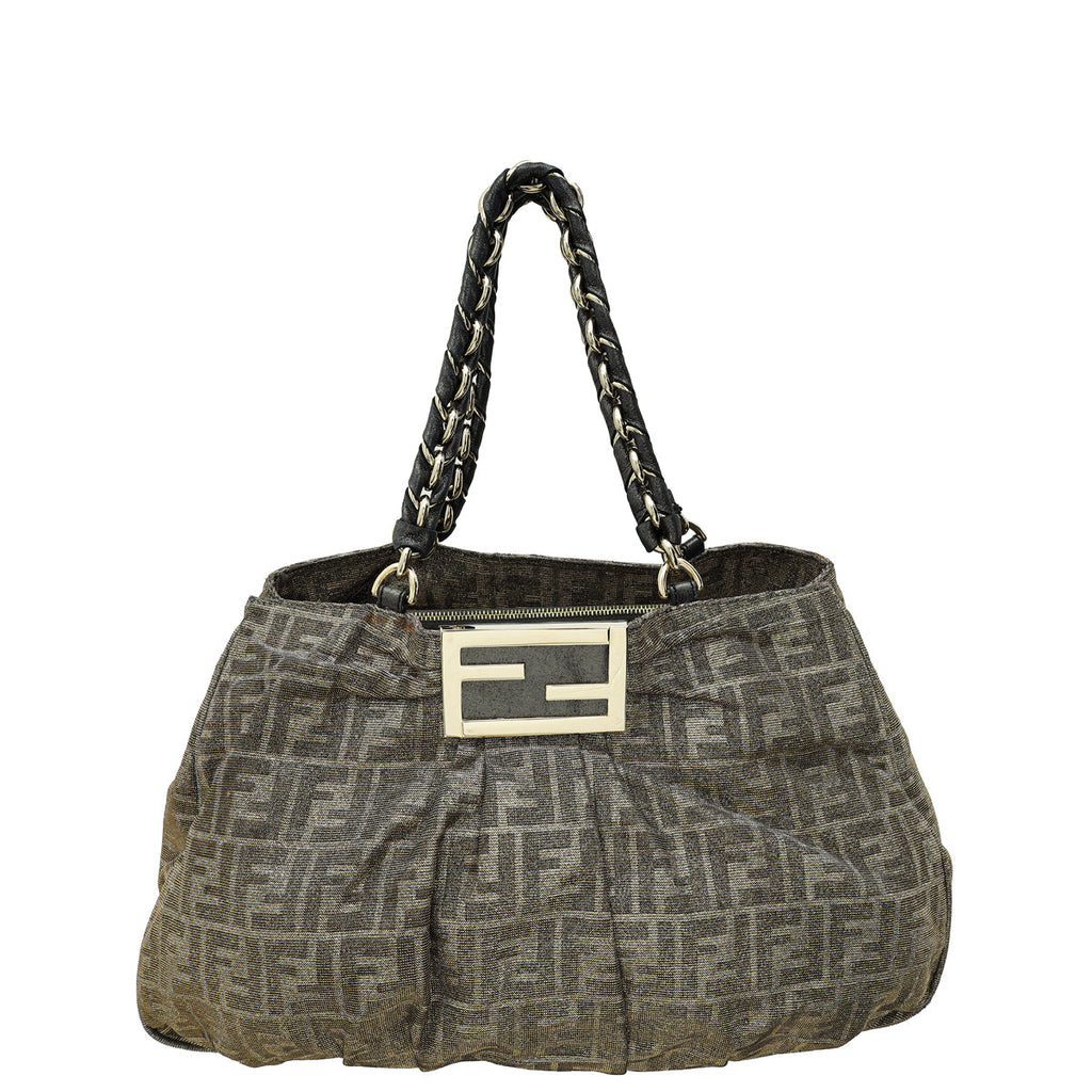 Fendi Metallic Silver FF Mia Large Tote Bag