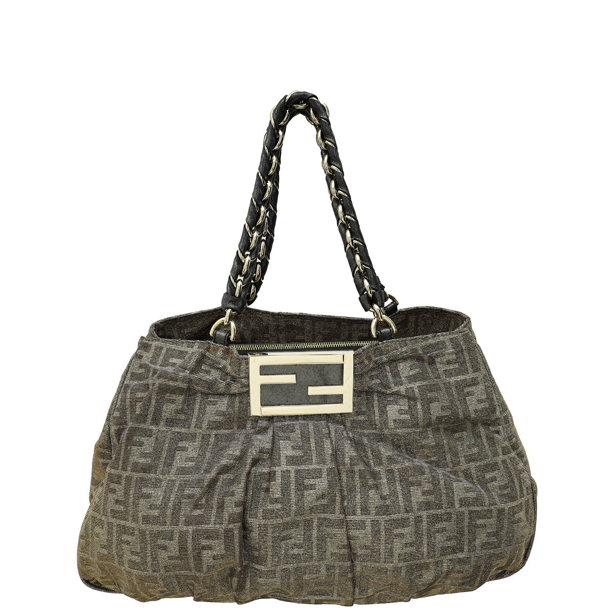 Fendi Metallic Silver FF Mia Large Tote Bag
