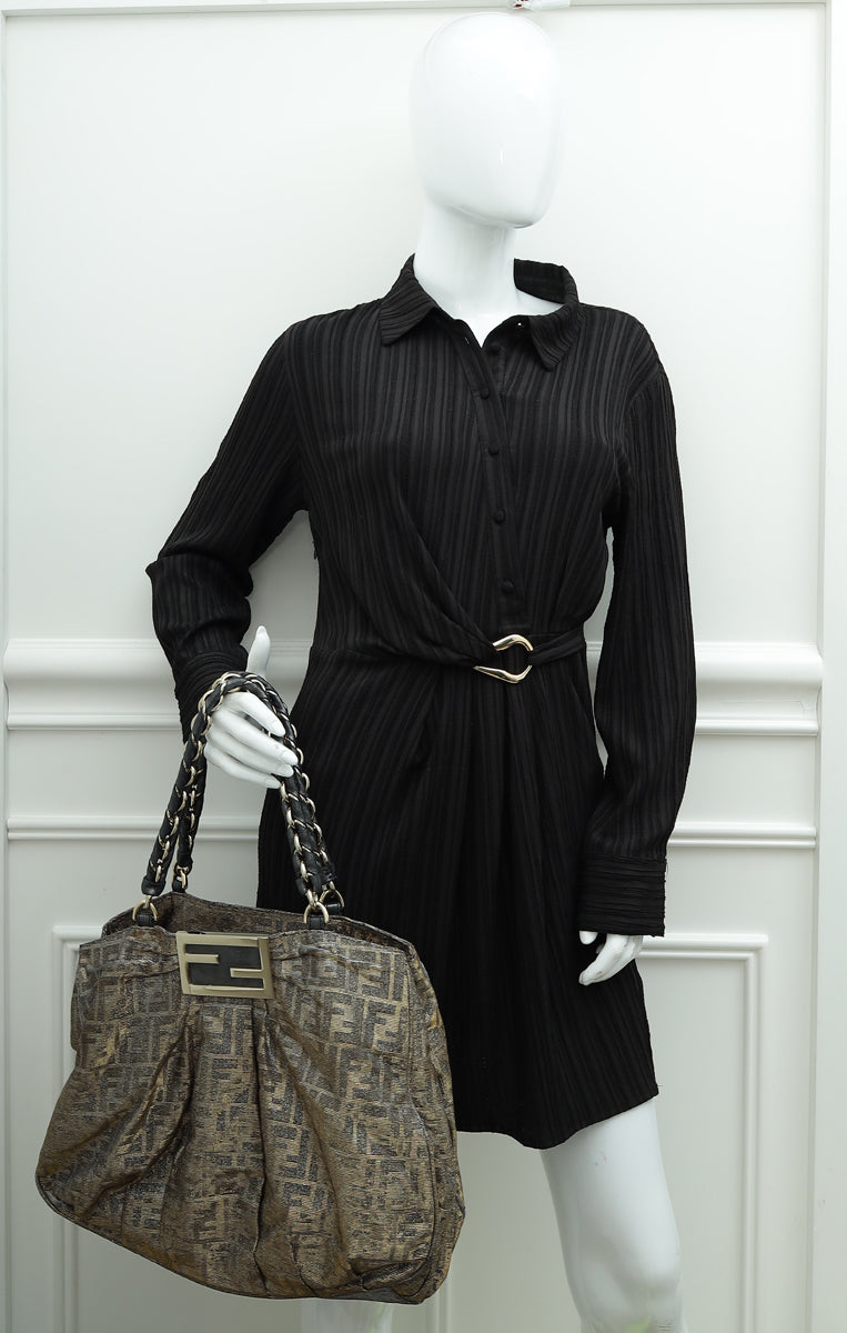 Fendi Metallic Silver FF Mia Large Tote Bag