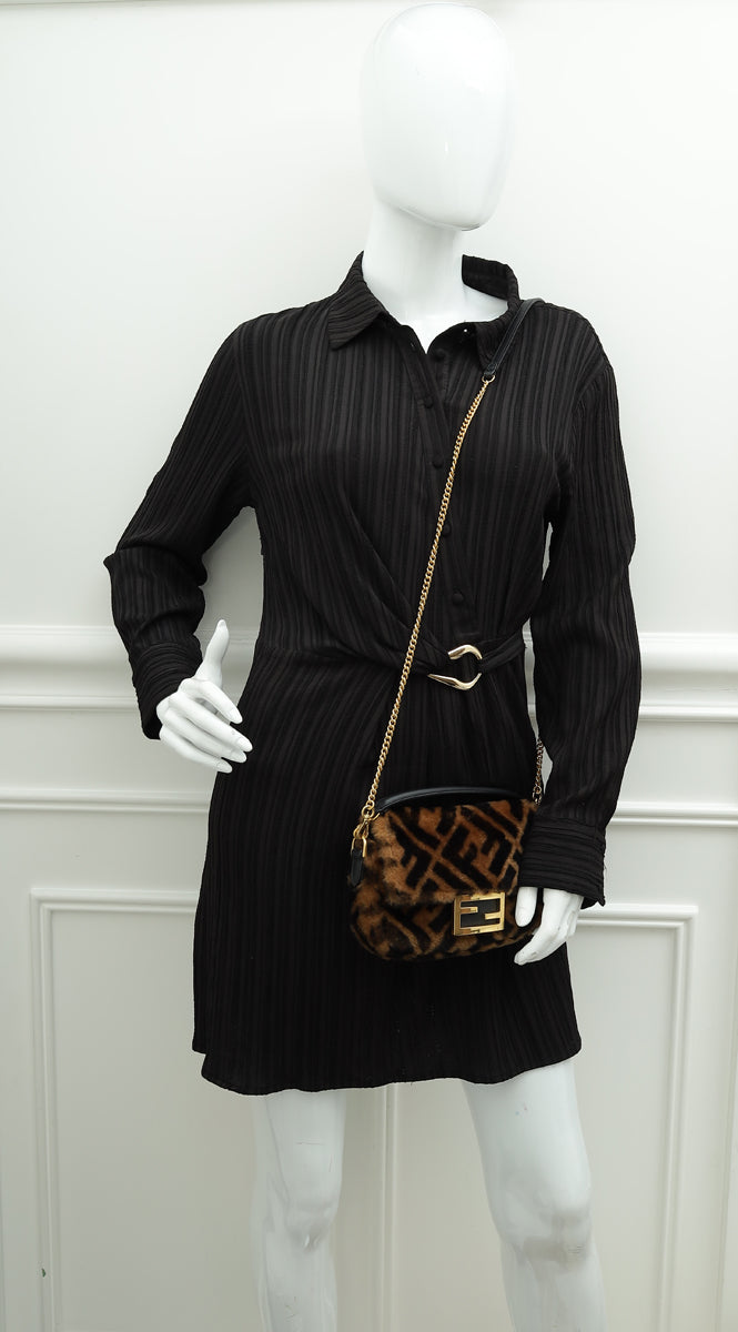 Fendi Brown FF Baguette Mini Sheepskin Fur Shoulder Bag