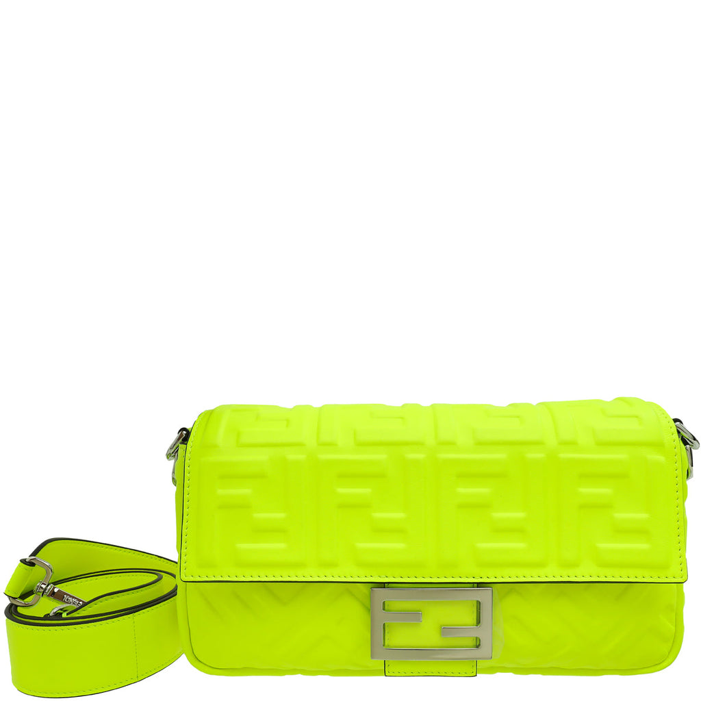 Fendi Neon Yellow FF Embossed Baguette Medium Bag