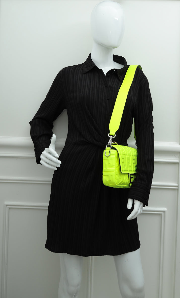 Fendi Neon Yellow FF Embossed Baguette Medium Bag