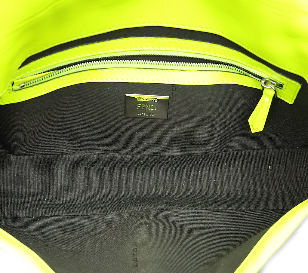 Fendi Neon Yellow FF Embossed Baguette Medium Bag