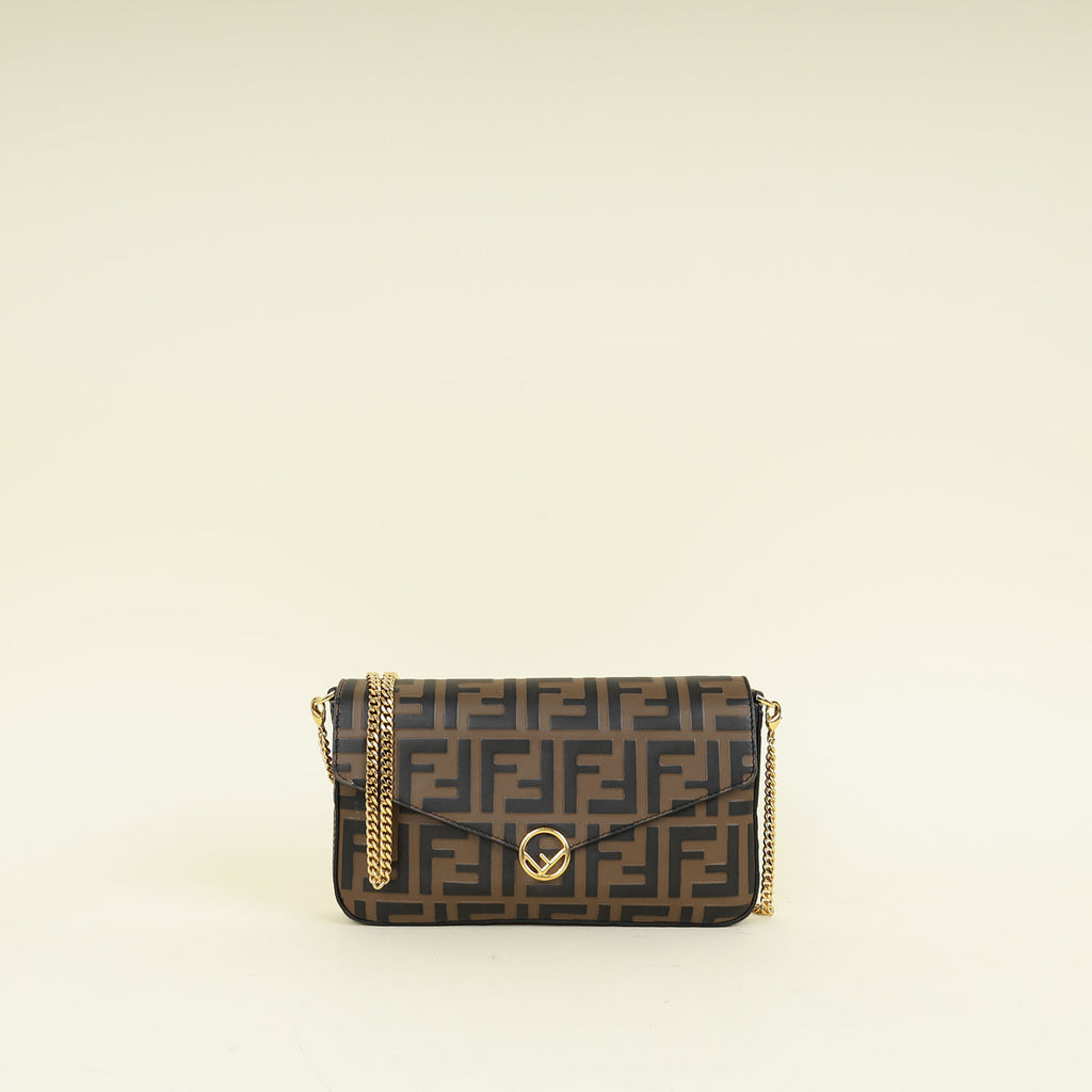 Fendi Tobacco FF 1974 Zucca Embossed Wallet On Chain W/ 2 Pouch