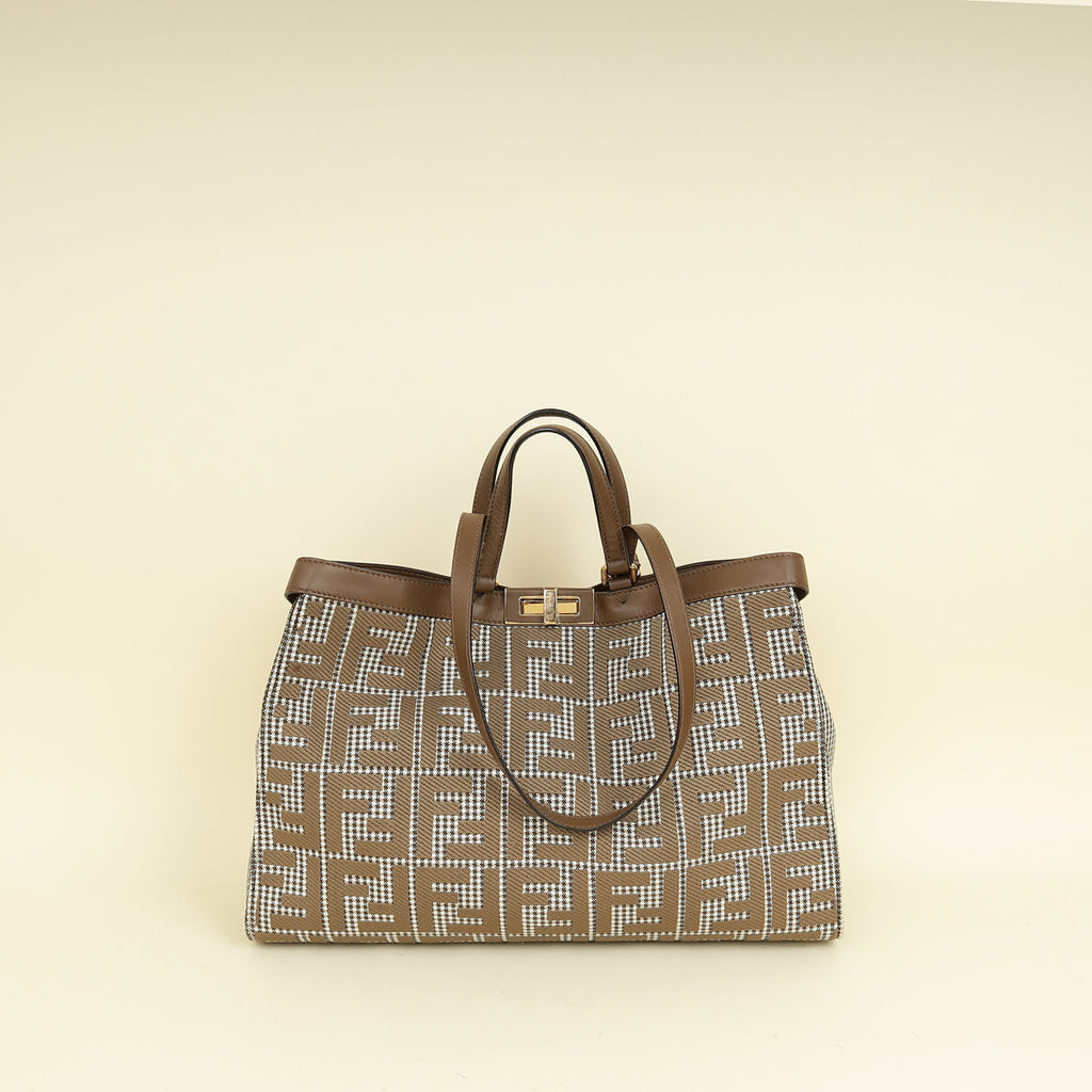 Fendi Brown Houndstooth FF Embroidered Peekaboo X-Tote Medium Bag