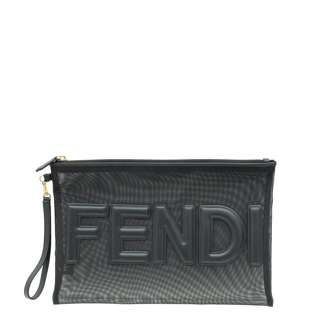 Fendi Black Logo Mesh Wristlet Pouch
