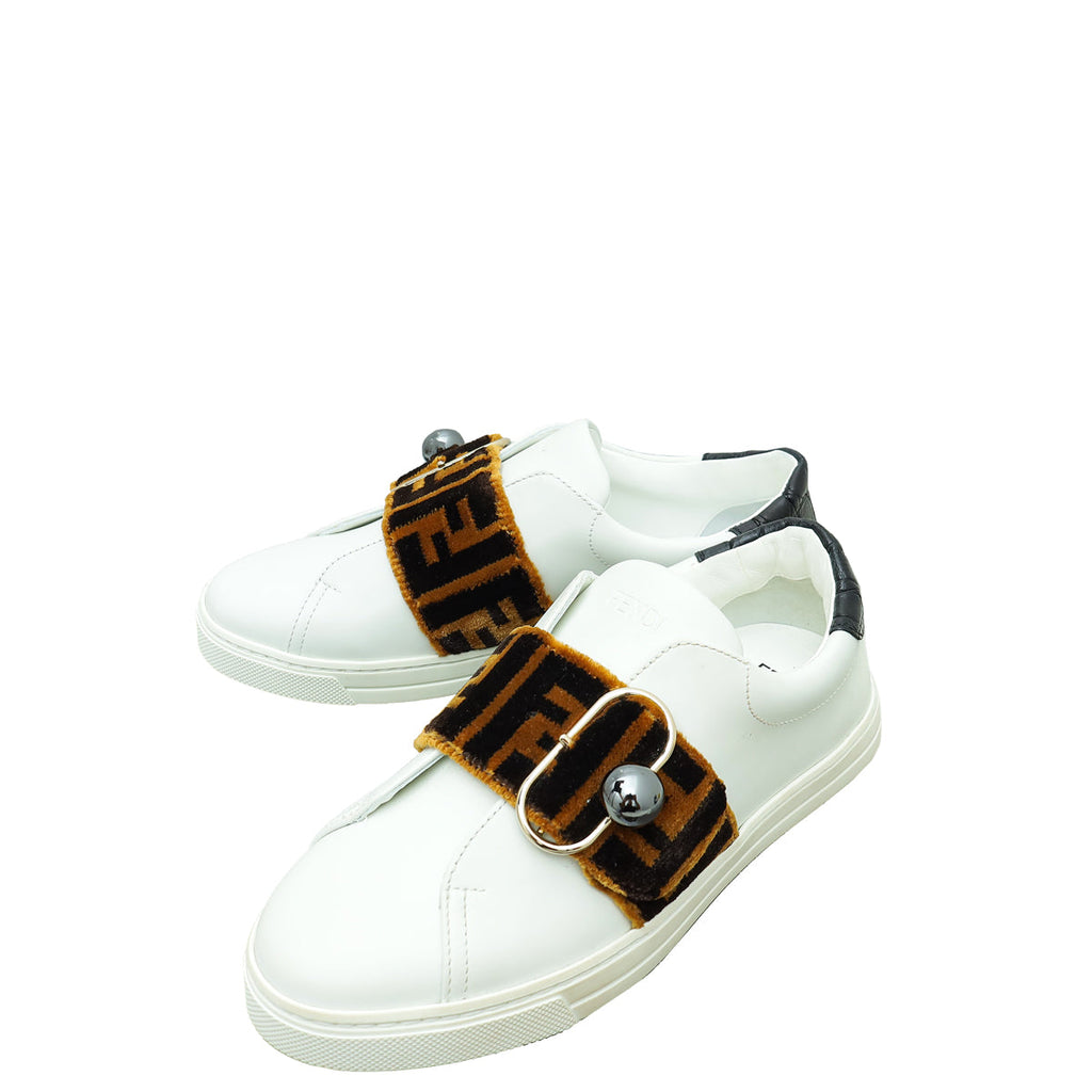 Fendi Tricolor Velvet Logo Strap Buckle Slip On Sneakers 35