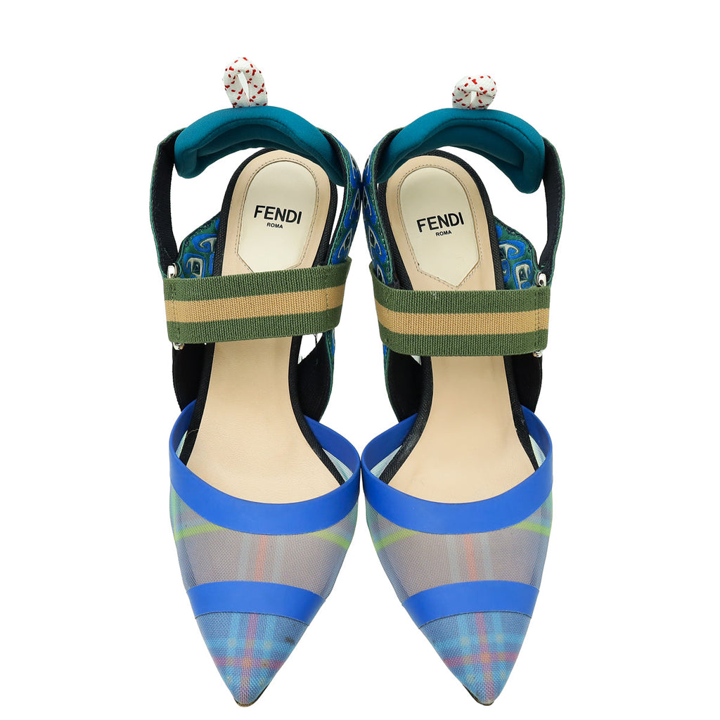 Fendi Blue Multicolor Colibri Mesh Slingback Pump 36
