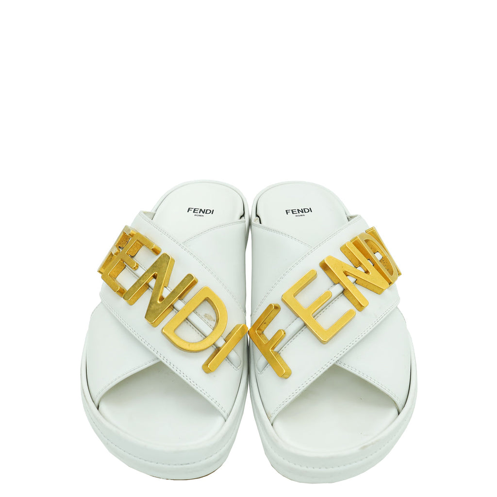 Fendi White Vitello Fendigraphy Slide Sandals 38.5