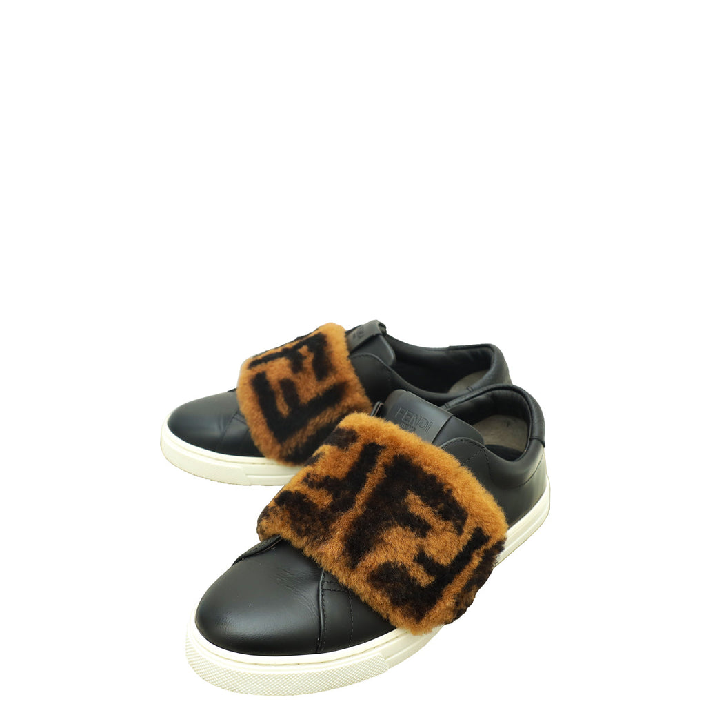 Fendi Bicolor Zucca Calf & Shearling Slip On Sneakers 36