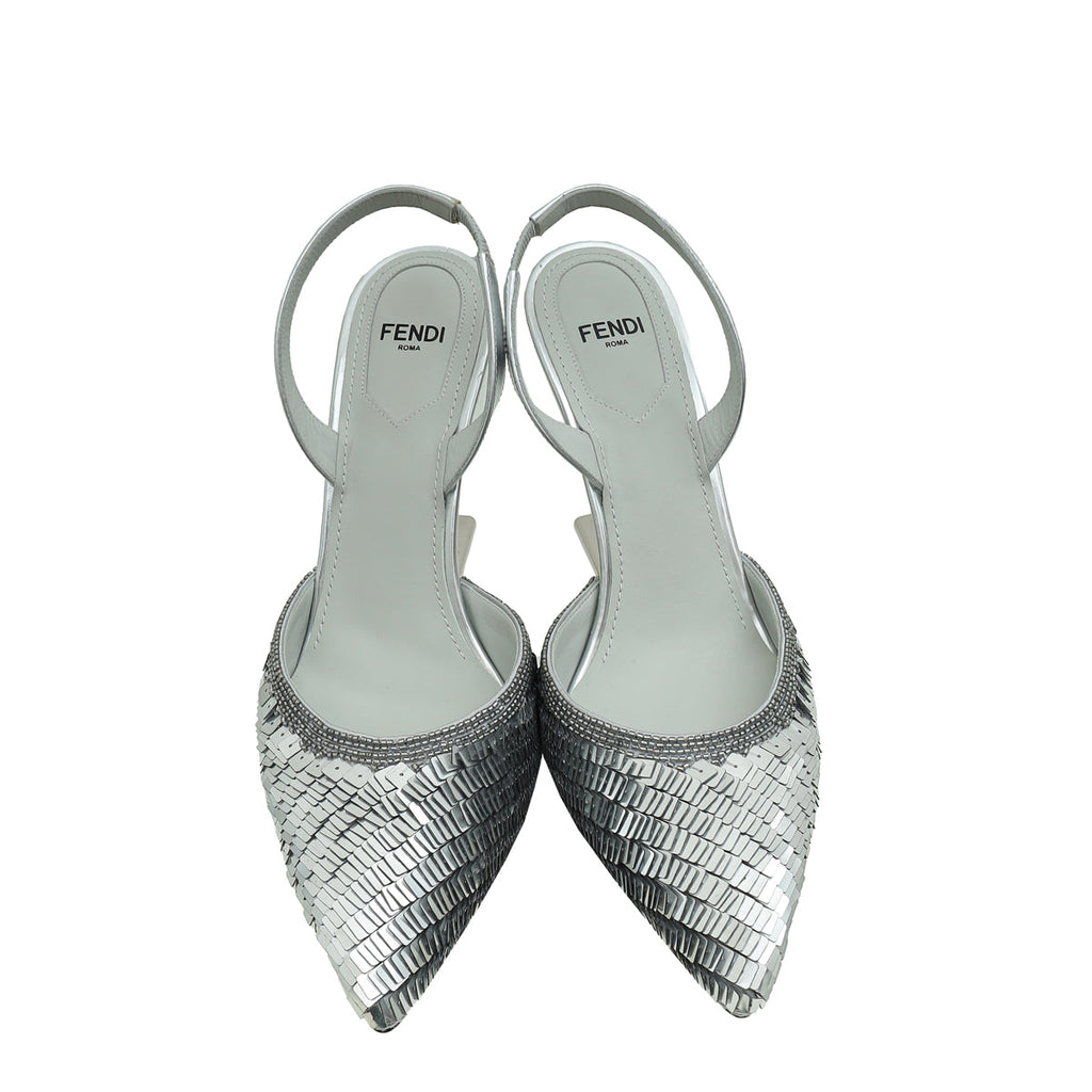 Fendi Metallic Silver Paillette Embellished First Sequins Slingback 37