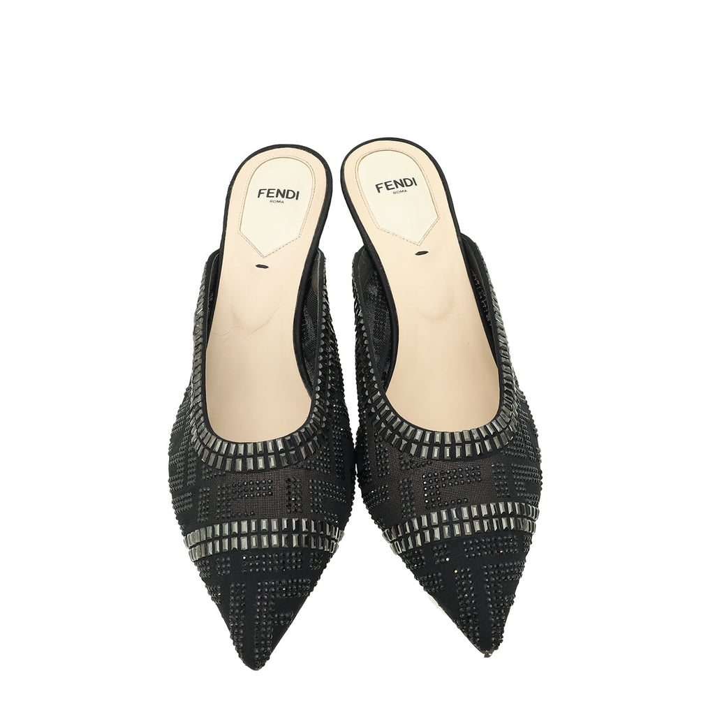 Fendi Black Colibrì Crystal Embellished Mules 38.5