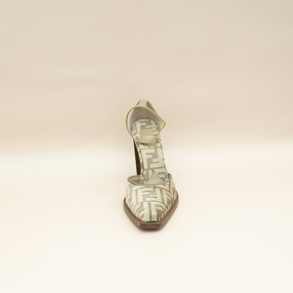 Fendi Tortora Nuvola FF Chenille Velvet FF Cut Baguette Ankle Strap 105mm Pumps 38.5