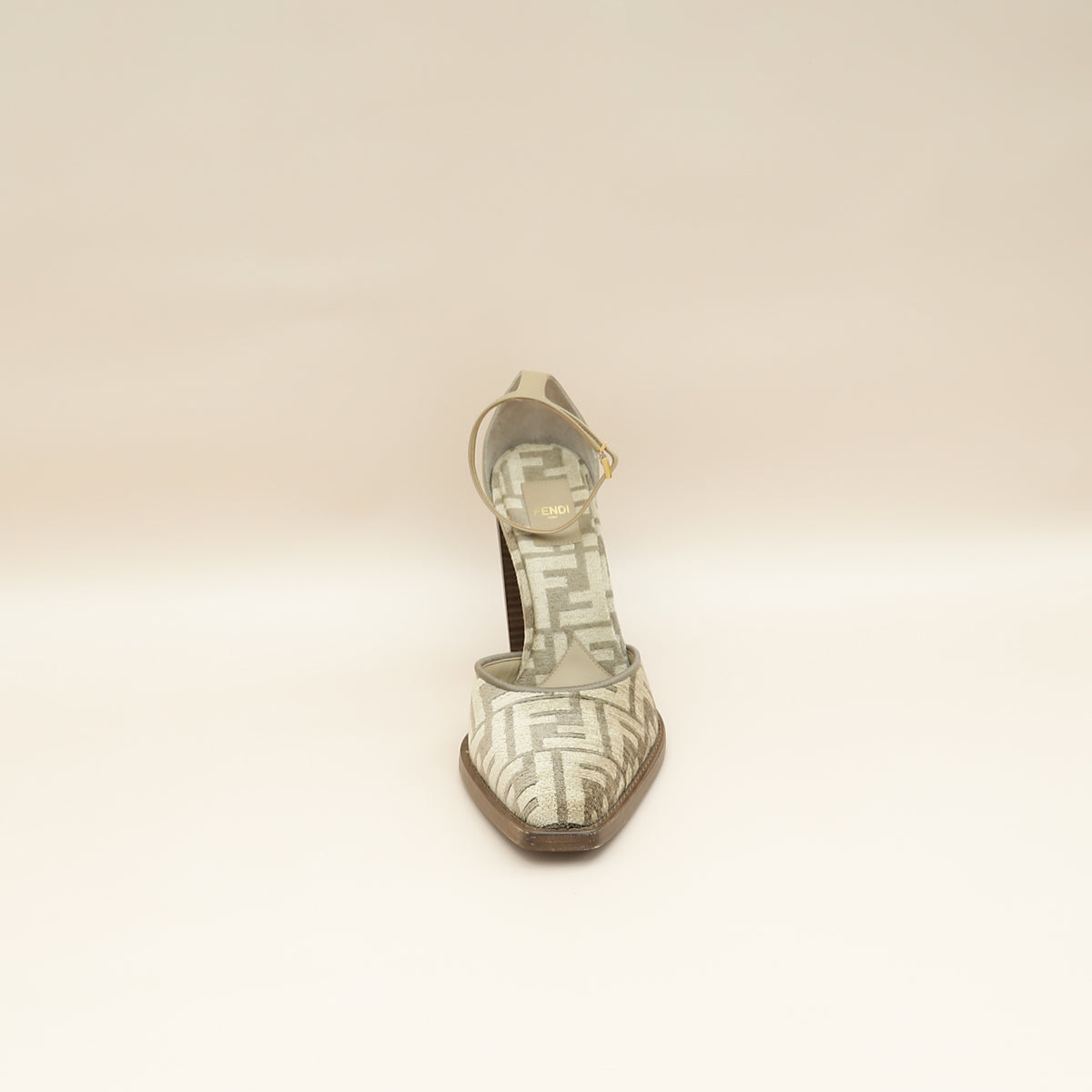 Fendi Tortora Nuvola FF Chenille Velvet FF Cut Baguette Ankle Strap 105mm Pumps 38.5