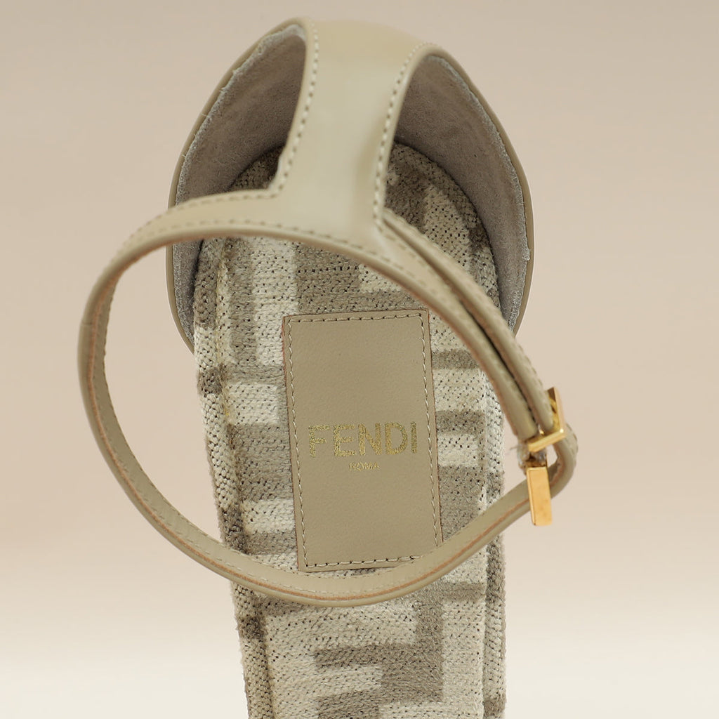 Fendi Tortora Nuvola FF Chenille Velvet FF Cut Baguette Ankle Strap 105mm Pumps 38.5